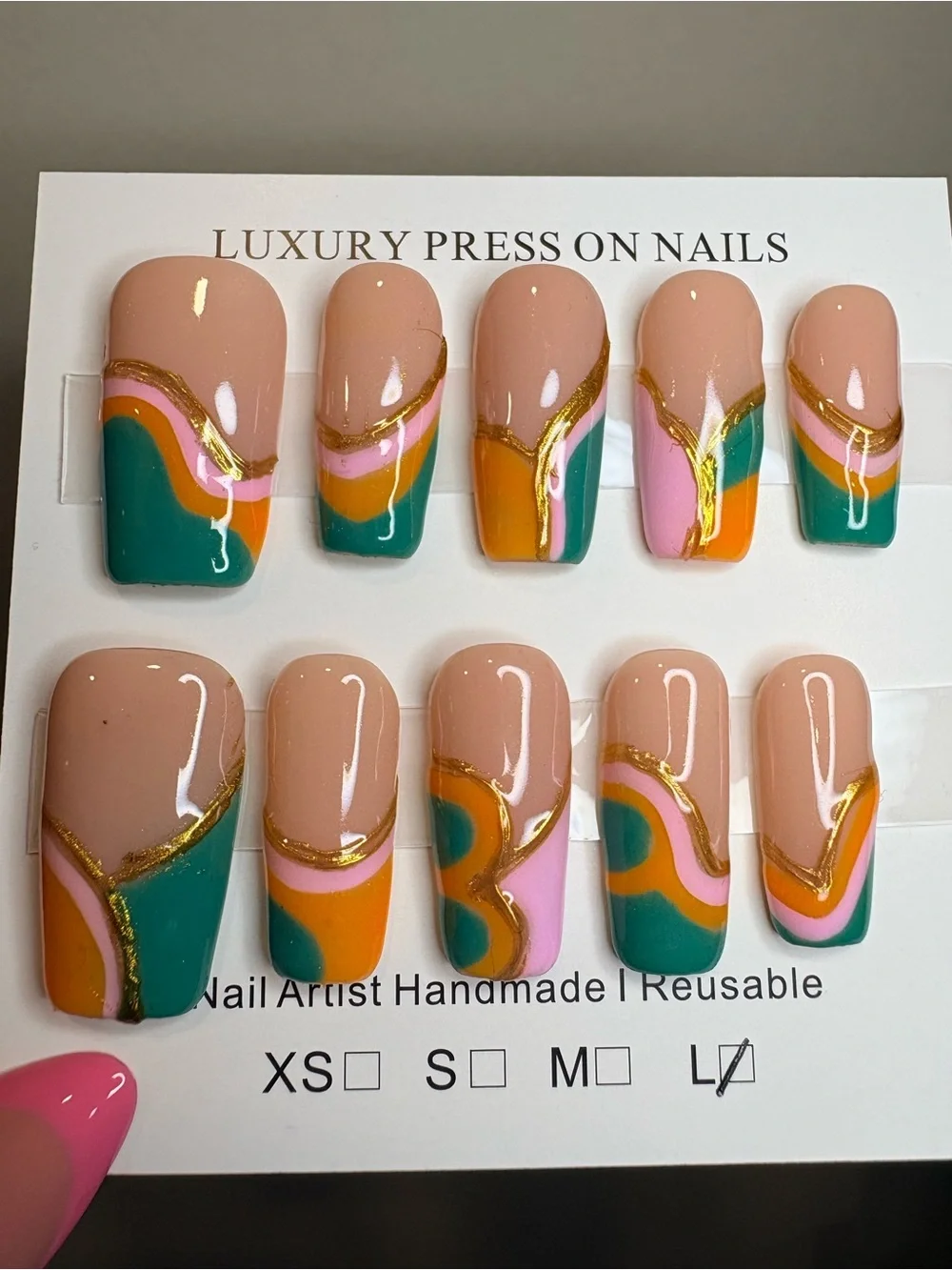 Luxury Press-On Nails - Nude with Teal, Pink & Orange Wave Accents